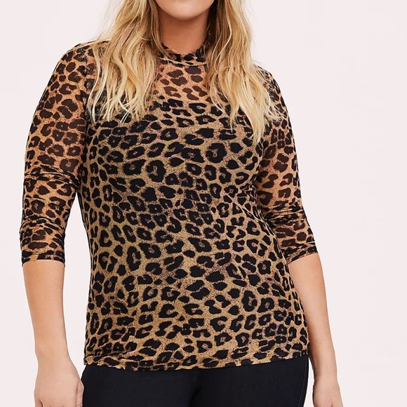 Torrid 1X 2X Top Leopard Sheer Mesh Mock Neck NWT